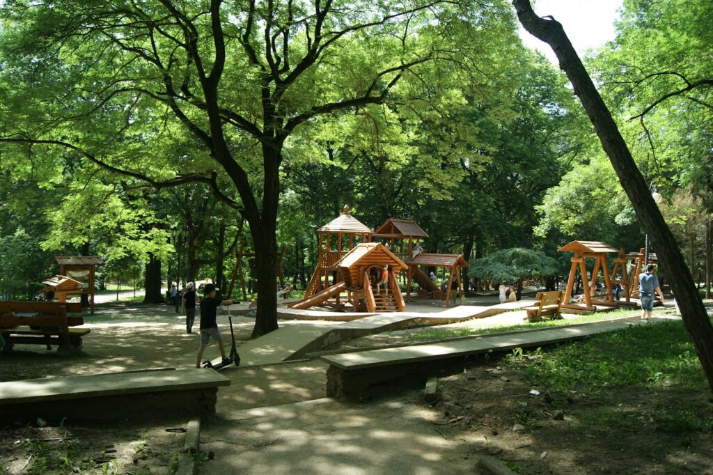 a park with a wooden play structure surrounded by trees